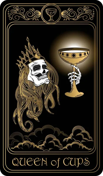   Kupa kızı. Minor Arcana 'nın siyah ve altın tarot kartları. Tarot güvertesi. Vektör el, kafatasları, okült, mistik ve esrarengiz sembollerle çizilmiş..