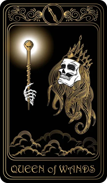 Koningin Van Toverstokken Kaart Van Kleine Arcana Zwarte Gouden Tarot — Stockvector