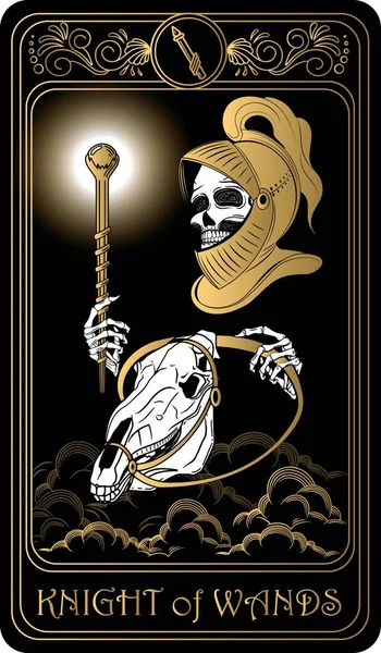   Asa Şövalyesi. Minor Arcana 'nın siyah ve altın tarot kartları. Tarot güvertesi. Kafatası, okült, mistik ve esrarengiz sembollerle çizilmiş vektör eli.