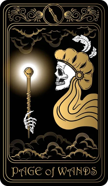   Asa Sayfası. Minor Arcana 'nın siyah ve altın tarot kartları. Tarot güvertesi. Kafatası, okült, mistik ve esrarengiz sembollerle çizilmiş vektör eli.