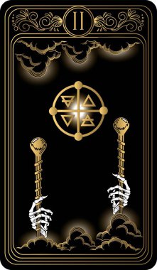   İki asa. Minor Arcana 'nın siyah ve altın tarot kartları. Tarot güvertesi. Okült, mistik ve esrarengiz sembollerle illüstrasyon çizen vektör el.