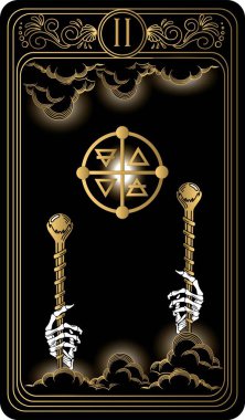   Two of wands. Card of Minor arcana black and gold tarot cards. Tarot deck. Vector hand drawn illustration with occult, mystical and esoteric symbols. clipart