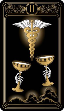   Two of cups. Card of Minor arcana black and gold tarot cards. Tarot deck. Vector hand drawn illustration with occult, mystical and esoteric symbols. clipart