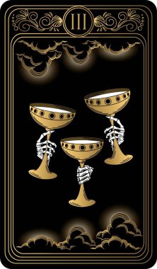   Kupa üçlüsü. Minor Arcana 'nın siyah ve altın tarot kartları. Tarot güvertesi. Okült, mistik ve esrarengiz sembollerle illüstrasyon çizen vektör el.
