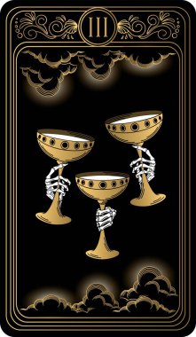   Three of cups. Card of Minor arcana black and gold tarot cards. Tarot deck. Vector hand drawn illustration with occult, mystical and esoteric symbols. clipart