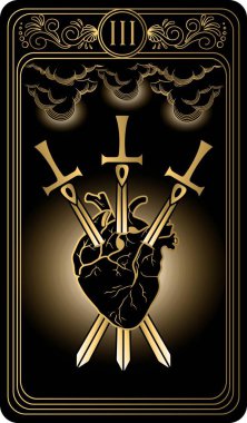   Kılıçların üçlüsü. Minor Arcana 'nın siyah ve altın tarot kartları. Tarot güvertesi. Vektör el, kafatasları, okült, mistik ve esrarengiz sembollerle çizilmiş..
