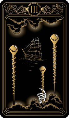   Three of wands. Card of Minor arcana black and gold tarot cards. Tarot deck. Vector hand drawn illustration with occult, mystical and esoteric symbols. clipart