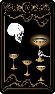 Four of cups. Card of Minor arcana black and gold tarot cards. Tarot deck. Vector hand drawn illustration with skull, occult, mystical and esoteric symbols. clipart