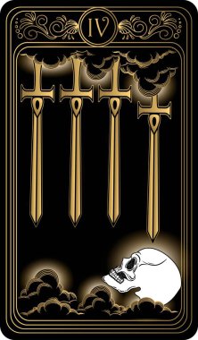   Kılıç dörtlüsü. Minor Arcana 'nın siyah ve altın tarot kartları. Tarot güvertesi. Vektör el, kafatası, okült, mistik ve esrarengiz sembollerle çizilmiş..