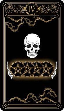   Four of pentacles. Card of Minor arcana black and gold tarot cards. Tarot deck. Vector hand drawn illustration with skull, occult, mystical and esoteric symbols. clipart