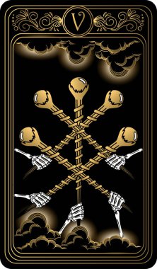   Five of wands. Card of Minor arcana black and gold tarot cards. Tarot deck. Vector hand drawn illustration with occult, mystical and esoteric symbols. clipart