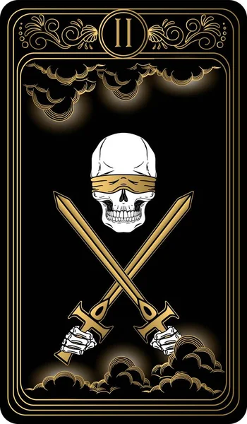   İki kılıç. Minor Arcana 'nın siyah ve altın tarot kartları. Tarot güvertesi. Vektör el, kafatası, okült, mistik ve esrarengiz sembollerle çizilmiş..