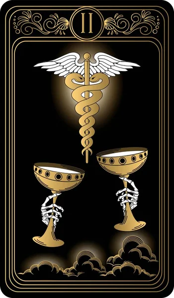   İki bardak. Minor Arcana 'nın siyah ve altın tarot kartları. Tarot güvertesi. Okült, mistik ve esrarengiz sembollerle illüstrasyon çizen vektör el.