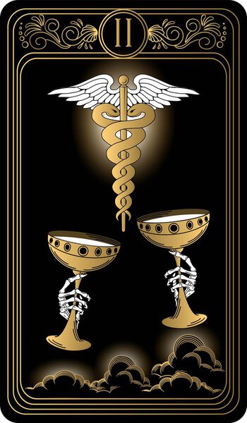   Две чашки. Карта Minor arcana черно-золотые карты Таро. Колода Таро. Векторная ручная иллюстрация с оккультными, мистическими и эзотерическими символами.