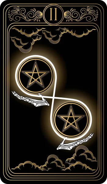   İki pentagram. Minor Arcana 'nın siyah ve altın tarot kartları. Tarot güvertesi. Vektör el, kafatasları, okült, mistik ve esrarengiz sembollerle çizilmiş..