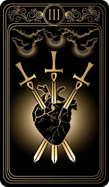   Kılıçların üçlüsü. Minor Arcana 'nın siyah ve altın tarot kartları. Tarot güvertesi. Vektör el, kafatasları, okült, mistik ve esrarengiz sembollerle çizilmiş..