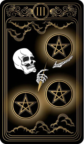   Üç pentagram. Minor Arcana 'nın siyah ve altın tarot kartları. Tarot güvertesi. Kafatası, okült, mistik ve esrarengiz sembollerle çizilmiş vektör eli.
