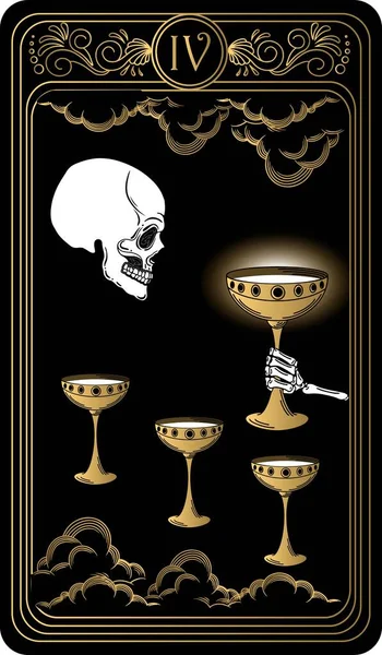 Bardakların dördü. Minor Arcana 'nın siyah ve altın tarot kartları. Tarot güvertesi. Kafatası, okült, mistik ve esrarengiz sembollerle çizilmiş vektör eli.