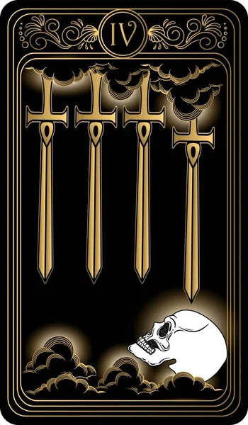   Kılıç dörtlüsü. Minor Arcana 'nın siyah ve altın tarot kartları. Tarot güvertesi. Vektör el, kafatası, okült, mistik ve esrarengiz sembollerle çizilmiş..