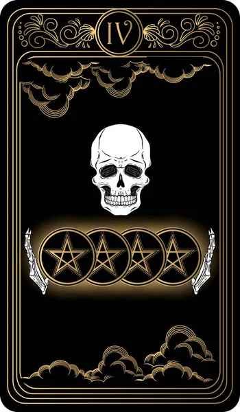   Beş köşeli yıldız. Minor Arcana 'nın siyah ve altın tarot kartları. Tarot güvertesi. Kafatası, okült, mistik ve esrarengiz sembollerle çizilmiş vektör eli.