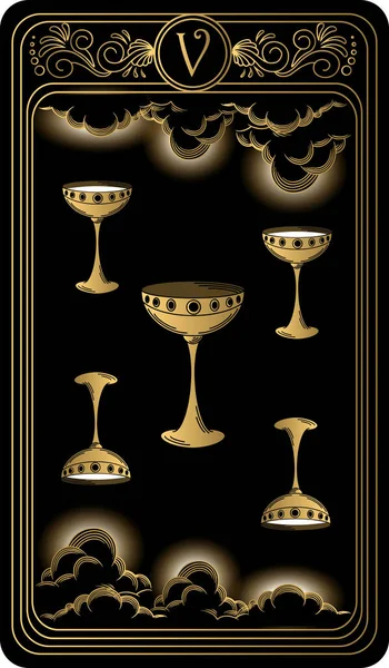   Bardakların beşi. Minor Arcana 'nın siyah ve altın tarot kartları. Tarot güvertesi. Okült, mistik ve esrarengiz sembollerle illüstrasyon çizen vektör el.
