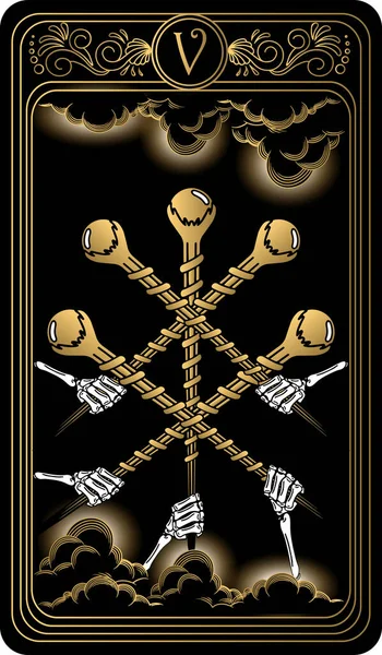   Asa beşi. Minor Arcana 'nın siyah ve altın tarot kartları. Tarot güvertesi. Okült, mistik ve esrarengiz sembollerle illüstrasyon çizen vektör el.