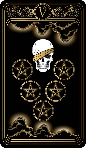   Beş pentagram. Minor Arcana 'nın siyah ve altın tarot kartları. Tarot güvertesi. Kafatası, okült, mistik ve esrarengiz sembollerle çizilmiş vektör eli.