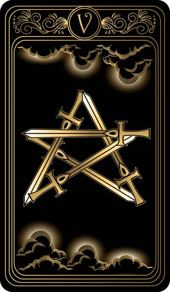   Kılıç beşlisi. Minor Arcana 'nın siyah ve altın tarot kartları. Tarot güvertesi. Vektör el, kafatası, okült, mistik ve esrarengiz sembollerle çizilmiş..
