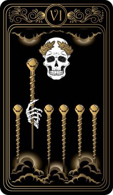   Six of wands. Card of Minor arcana black and gold tarot cards. Tarot deck. Vector hand drawn illustration with scull, occult, mystical and esoteric symbols. clipart