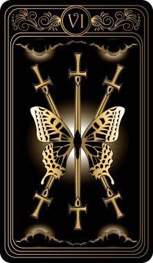   Kılıç altılısı. Minor Arcana 'nın siyah ve altın tarot kartları. Tarot güvertesi. Okült, mistik ve esrarengiz sembollerle illüstrasyon çizen vektör el.