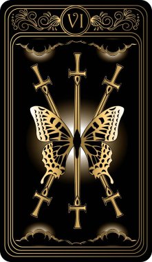   Six of swords. Card of Minor arcana black and gold tarot cards. Tarot deck. Vector hand drawn illustration with occult, mystical and esoteric symbols. clipart