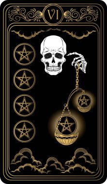   Six of pentacles. Card of Minor arcana black and gold tarot cards. Tarot deck. Vector hand drawn illustration with skull, occult, mystical and esoteric symbols. clipart