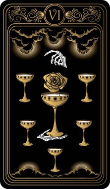   Six of cups. Card of Minor arcana black and gold tarot cards. Tarot deck. Vector hand drawn illustration with skull, occult, mystical and esoteric symbols. clipart