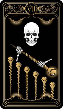   Seven of wands. Card of Minor arcana black and gold tarot cards. Tarot deck. Vector hand drawn illustration with occult, mystical and esoteric symbols. clipart