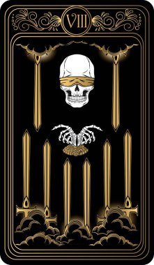   Kılıç sekizlisi. Minor Arcana 'nın siyah ve altın tarot kartları. Tarot güvertesi. Vektör el, kafatası, okült, mistik ve esrarengiz sembollerle çizilmiş..