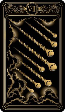   Eight of wands. Card of Minor arcana black and gold tarot cards. Tarot deck. Vector hand drawn illustration with scull, occult, mystical and esoteric symbols. clipart