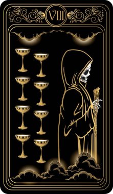   Eight of cups. Card of Minor arcana black and gold tarot cards. Tarot deck. Vector hand drawn illustration with skull, occult, mystical and esoteric symbols. clipart