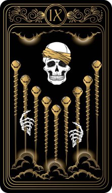   Nine of wands. Card of Minor arcana black and gold tarot cards. Tarot deck. Vector hand drawn illustration with scull, occult, mystical and esoteric symbols. clipart