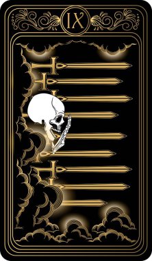   Kılıç dokuzlusu. Minor Arcana 'nın siyah ve altın tarot kartları. Tarot güvertesi. Vektör el, kafatası, okült, mistik ve esrarengiz sembollerle çizilmiş..