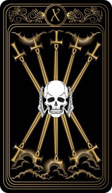   Kılıç onlusu. Minor Arcana 'nın siyah ve altın tarot kartları. Tarot güvertesi. Vektör el, kafatası, okült, mistik ve esrarengiz sembollerle çizilmiş..