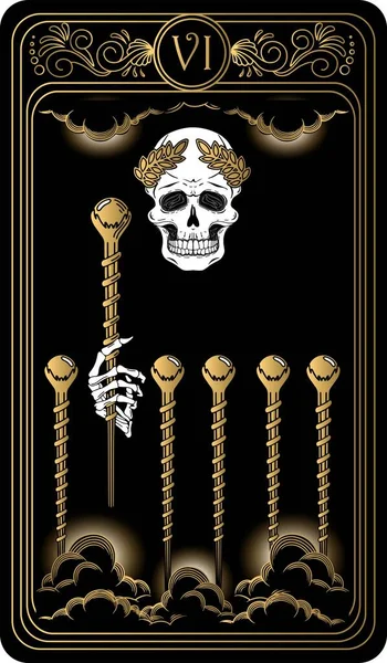   Asa altılısı. Minor Arcana 'nın siyah ve altın tarot kartları. Tarot güvertesi. Vektör el, kafatası, okült, mistik ve esrarengiz sembollerle çizilmiş..