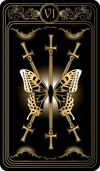   Kılıç altılısı. Minor Arcana 'nın siyah ve altın tarot kartları. Tarot güvertesi. Okült, mistik ve esrarengiz sembollerle illüstrasyon çizen vektör el.