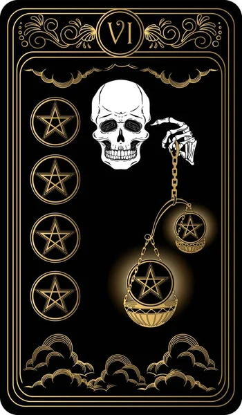   Altı pentagram. Minor Arcana 'nın siyah ve altın tarot kartları. Tarot güvertesi. Kafatası, okült, mistik ve esrarengiz sembollerle çizilmiş vektör eli.
