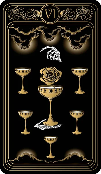 Seis Tazas Carta Arcanos Menores Cartas Del Tarot Negro Oro — Vector de stock