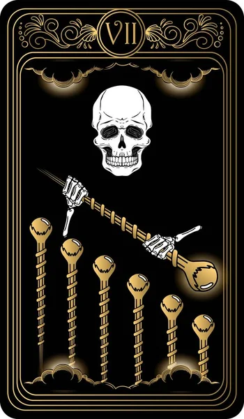  Asa yedili. Minor Arcana 'nın siyah ve altın tarot kartları. Tarot güvertesi. Okült, mistik ve esrarengiz sembollerle illüstrasyon çizen vektör el.