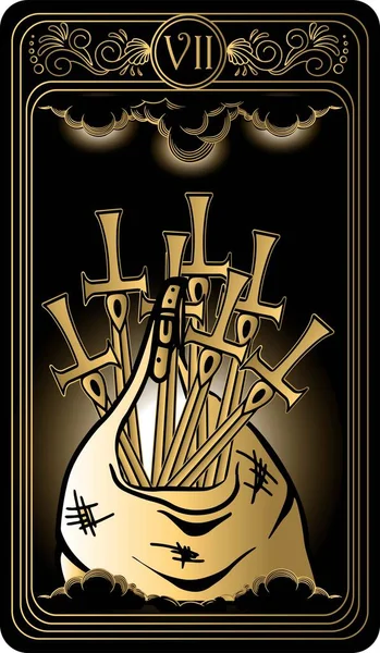   Kılıç yedili. Minor Arcana 'nın siyah ve altın tarot kartları. Tarot güvertesi. Okült, mistik ve esrarengiz sembollerle illüstrasyon çizen vektör el.