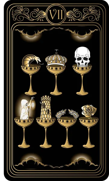   Kupa yedili. Minor Arcana 'nın siyah ve altın tarot kartları. Tarot güvertesi. Kafatası, okült, mistik ve esrarengiz sembollerle çizilmiş vektör eli.