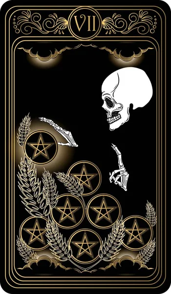   Beş köşeli yıldız yedili. Minor Arcana 'nın siyah ve altın tarot kartları. Tarot güvertesi. Kafatası, okült, mistik ve esrarengiz sembollerle çizilmiş vektör eli.