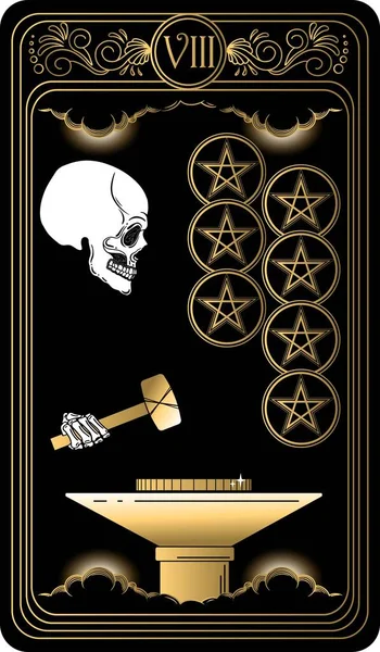   Beş köşeli yıldız sekizi. Minor Arcana 'nın siyah ve altın tarot kartları. Tarot güvertesi. Kafatası, okült, mistik ve esrarengiz sembollerle çizilmiş vektör eli.