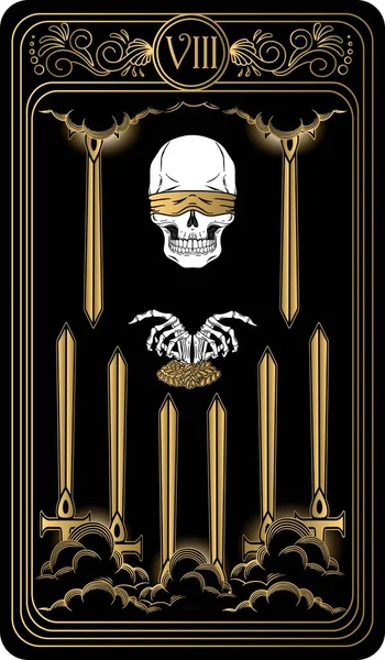   Kılıç sekizlisi. Minor Arcana 'nın siyah ve altın tarot kartları. Tarot güvertesi. Vektör el, kafatası, okült, mistik ve esrarengiz sembollerle çizilmiş..